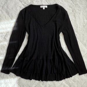 Black Waffle Knit Peplum Tunic Top